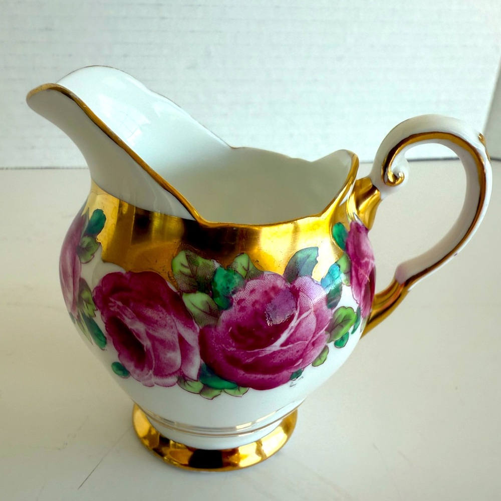 Vintage Tuscan Fine Bone China Creamer “Tuscan Rose” Pink Roses + Gold Trim